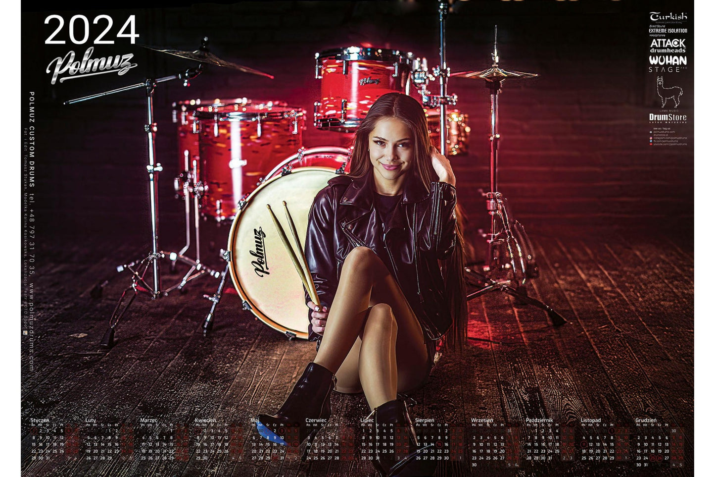 Plakat Kalendarz Polmuz Drums 2024 - Format A2 - z dziewczyną Polmuza Kaliną Kosikowską
