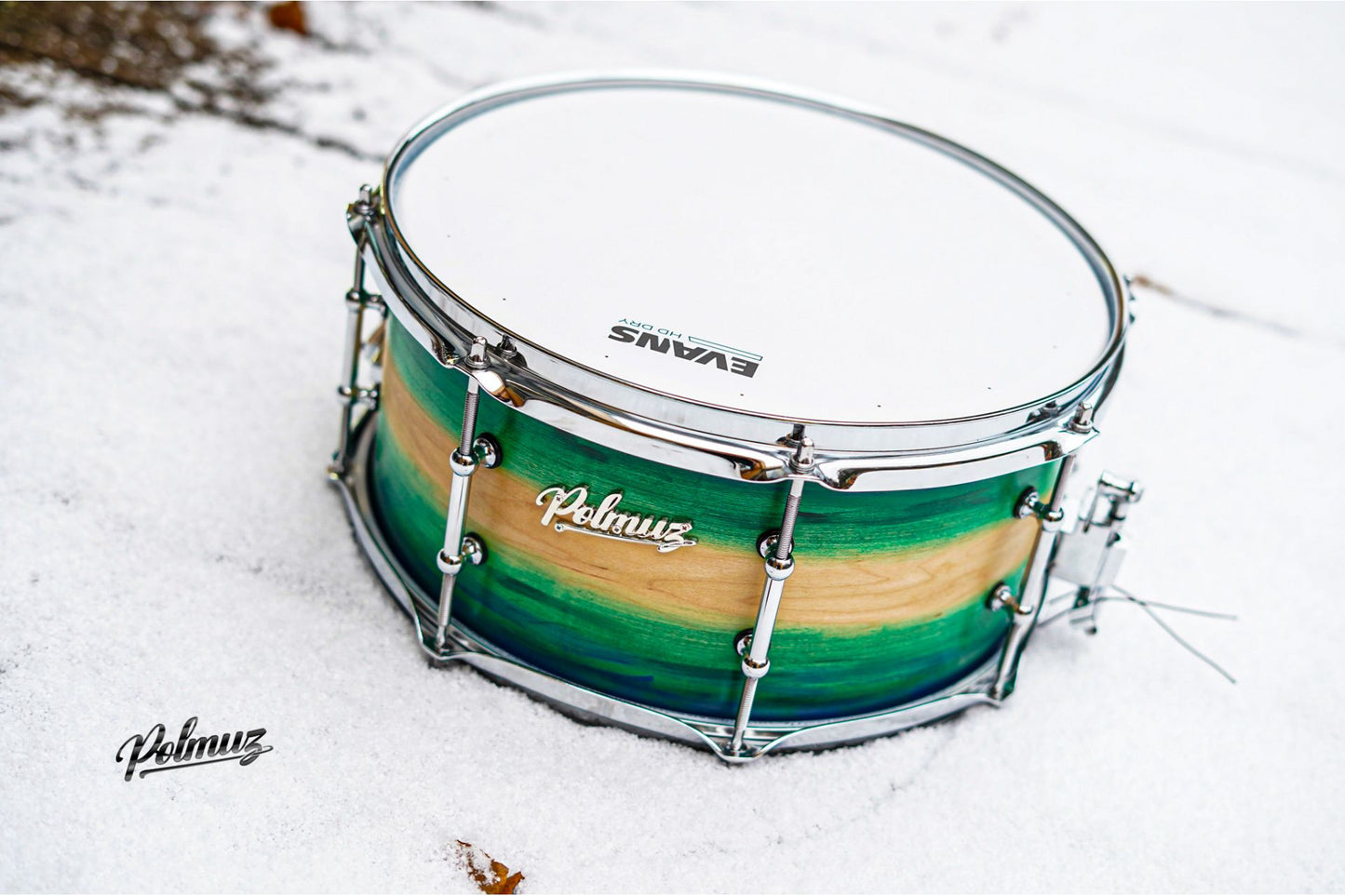 Polmuz model 1 Maple 13x6,5 Snare - Artist Green to natural fade witch blue stripes — zdjęcie 2