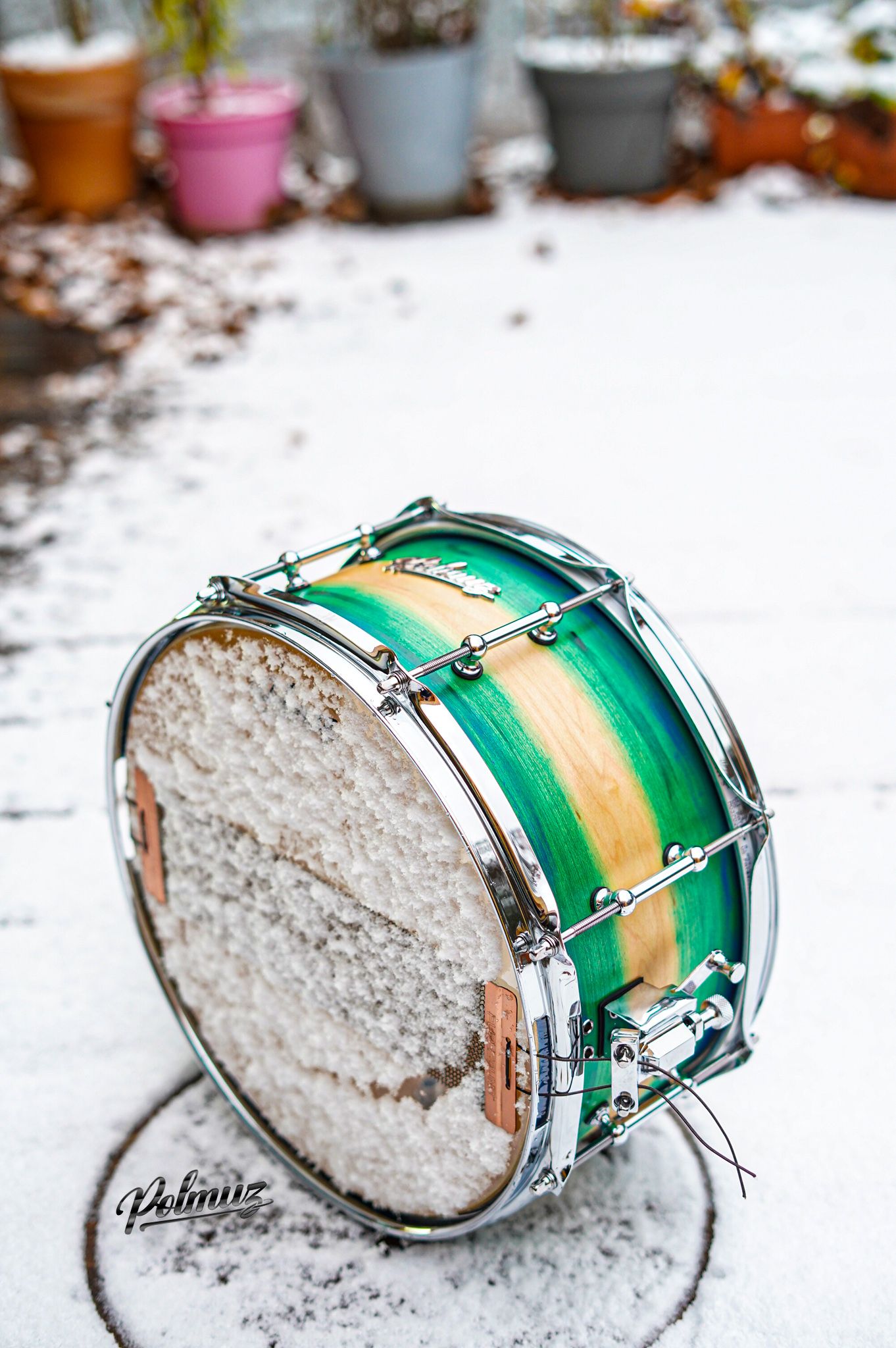 Polmuz model 1 Maple 13x6,5 Snare - Artist Green to natural fade witch blue stripes — zdjęcie 5