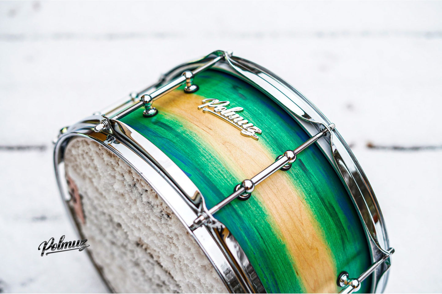 Polmuz model 1 Maple 13x6,5 Snare - Artist Green to natural fade witch blue stripes — zdjęcie 4