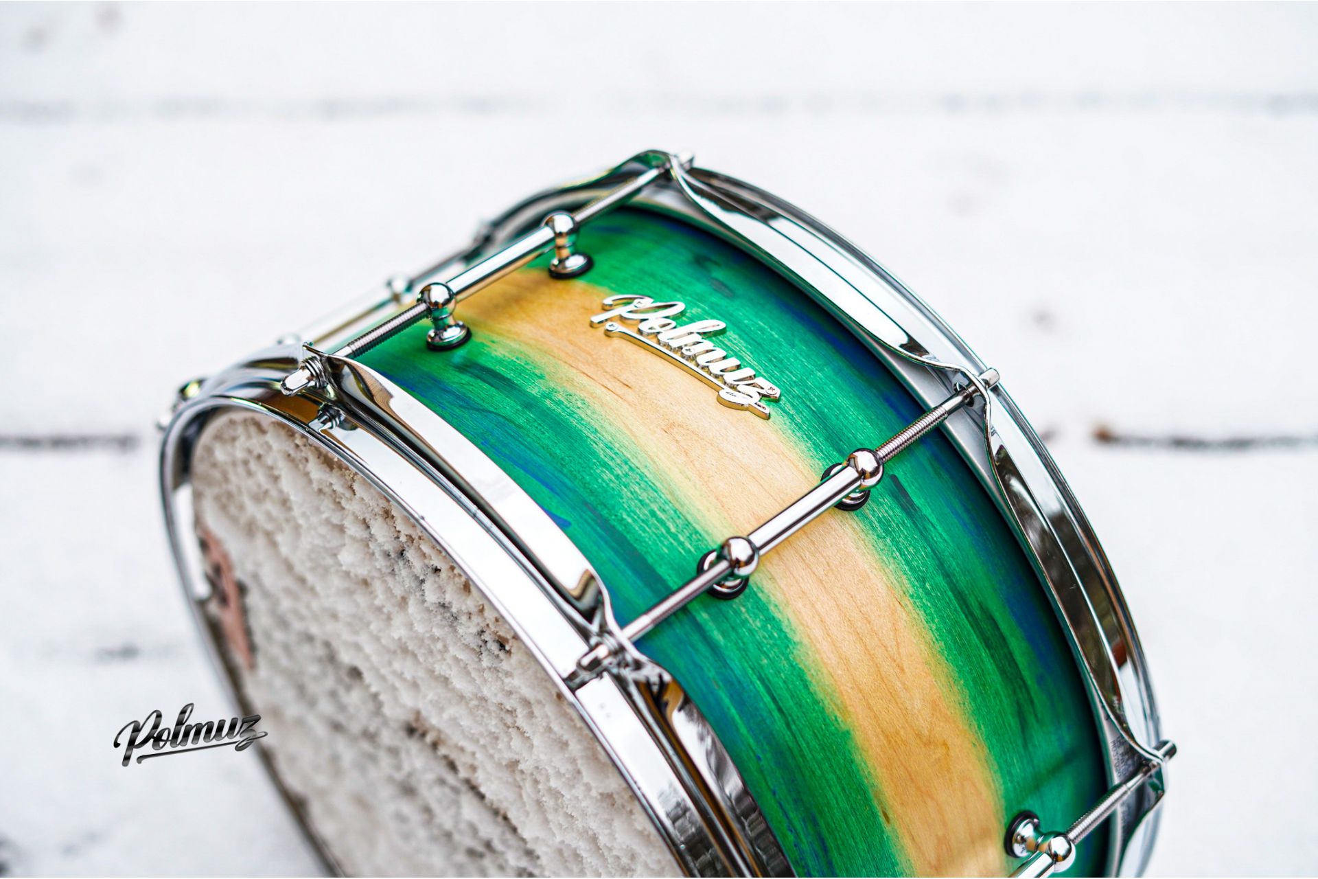 Polmuz model 1 Maple 13x6,5 Snare - Artist Green to natural fade witch blue stripes — zdjęcie 4