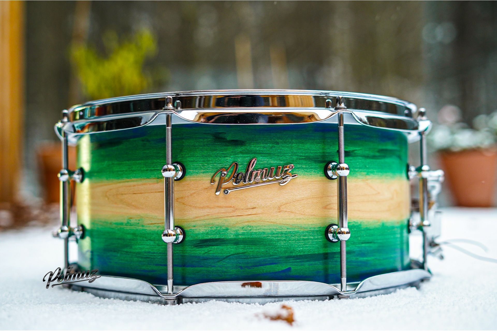 Polmuz model 1 Maple 13x6,5 Snare - Artist Green to natural fade witch blue stripes — zdjęcie 3