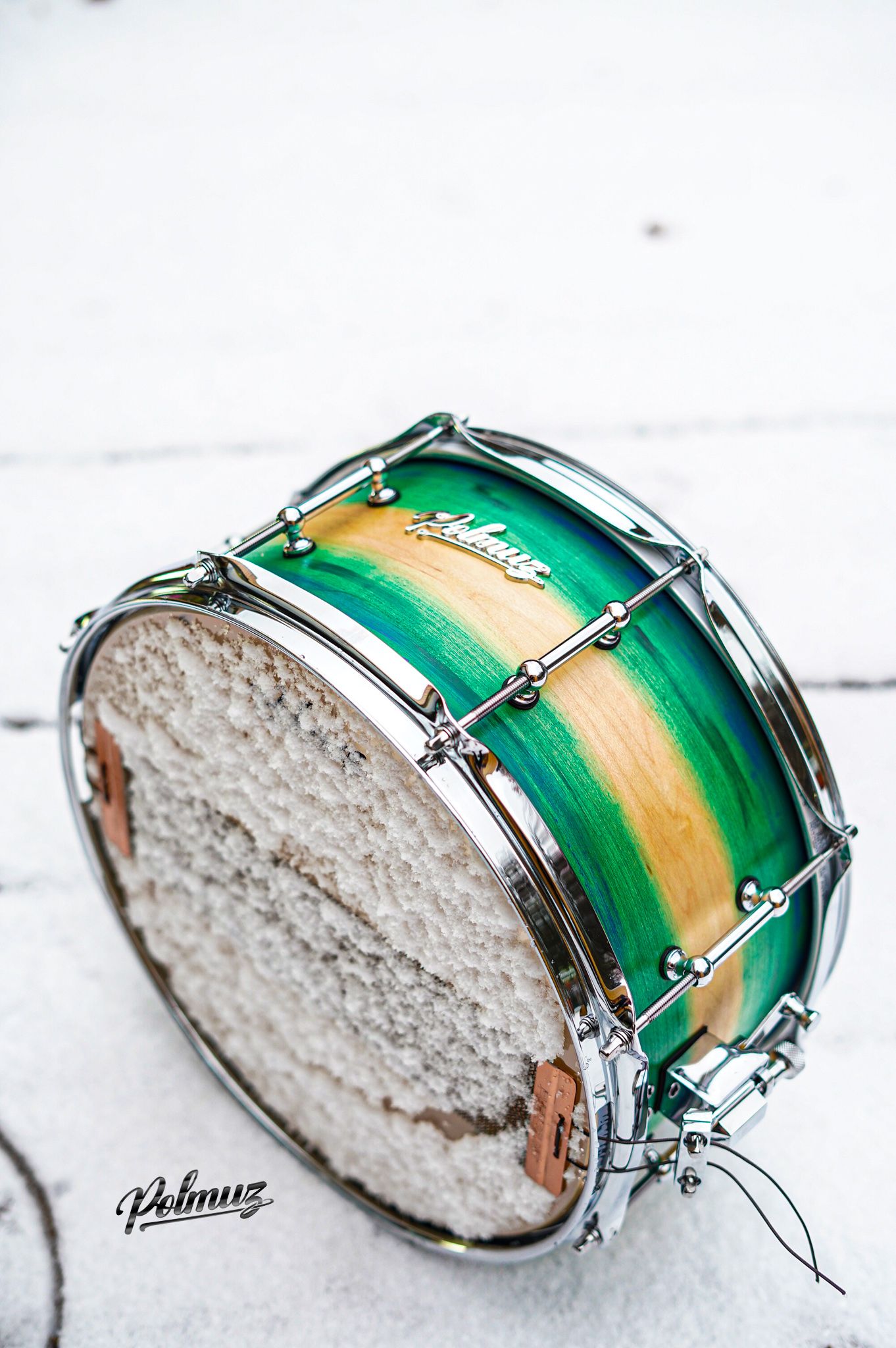 Polmuz model 1 Maple 13x6,5 Snare - Artist Green to natural fade witch blue stripes — zdjęcie 6