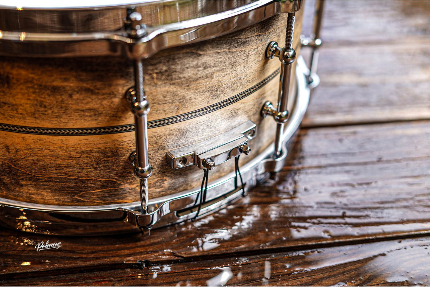 Polmuz model 1 Maple 14x6,5 Snare inlayed natural black aged - postarzany - Die cast