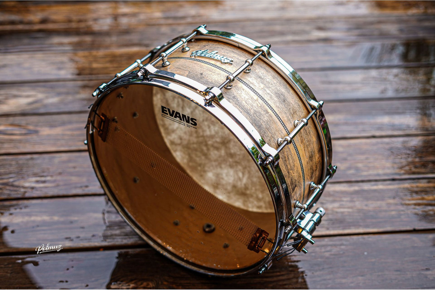 Polmuz model 1 Maple 14x6,5 Snare inlayed natural black aged - postarzany - Die cast