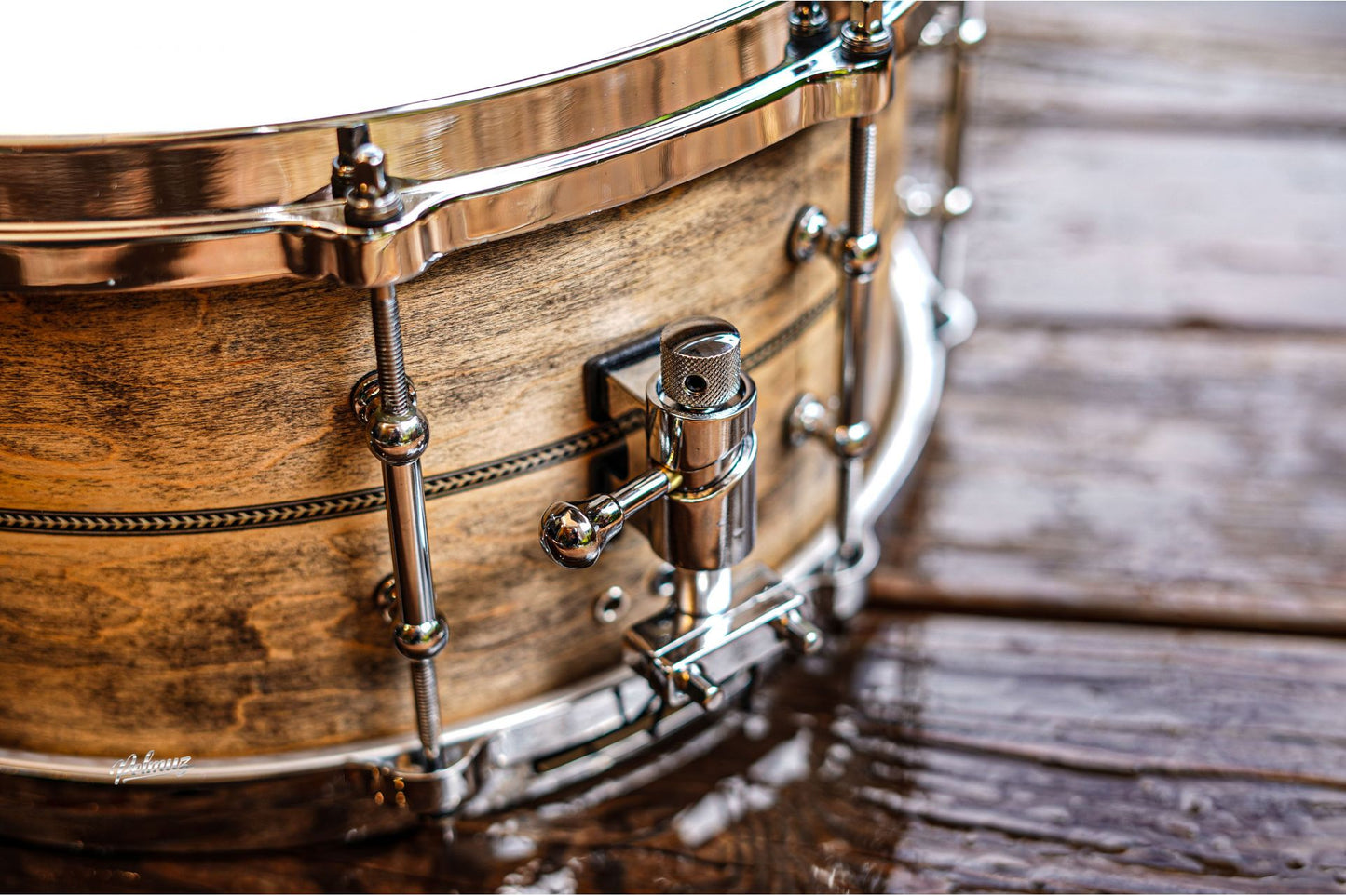 Polmuz model 1 Maple 14x6,5 Snare inlayed natural black aged - postarzany - Die cast