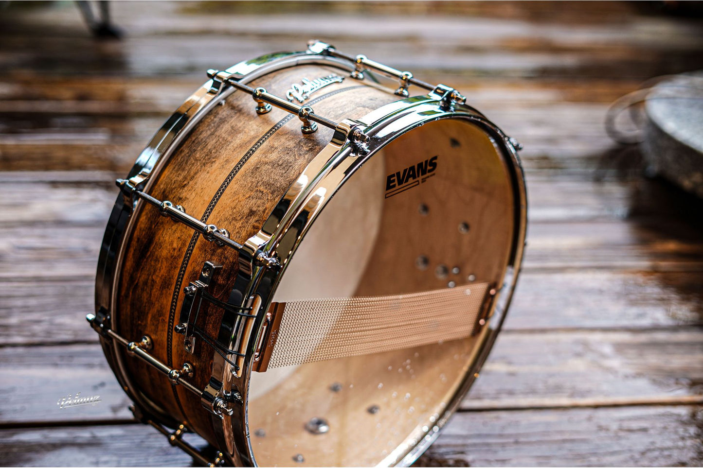 Polmuz model 1 Maple 14x6,5 Snare inlayed natural black aged - postarzany - Die cast