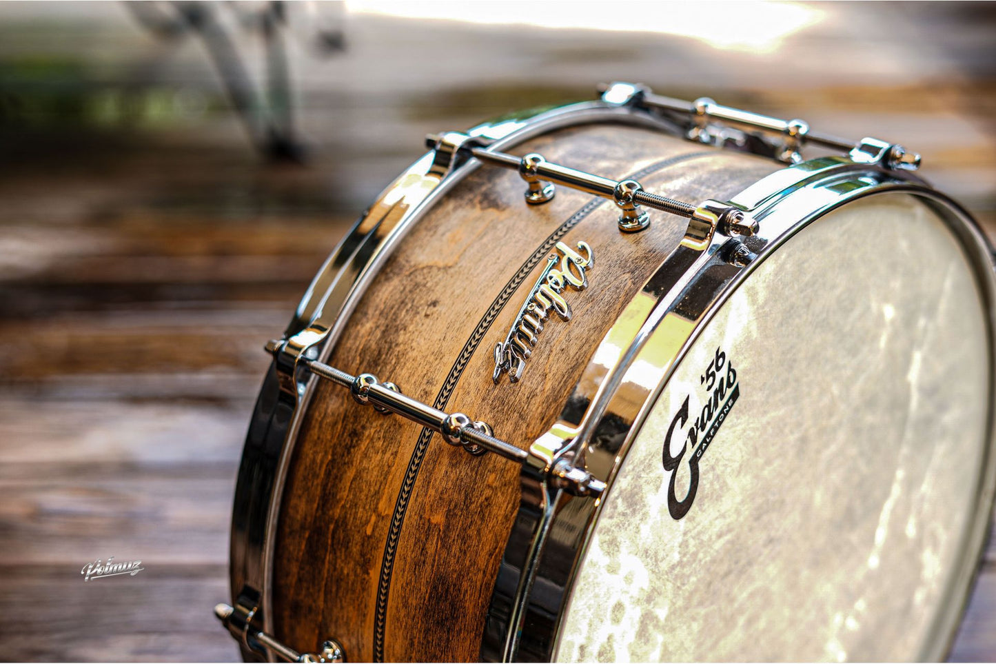 Polmuz model 1 Maple 14x6,5 Snare inlayed natural black aged - postarzany - Die cast