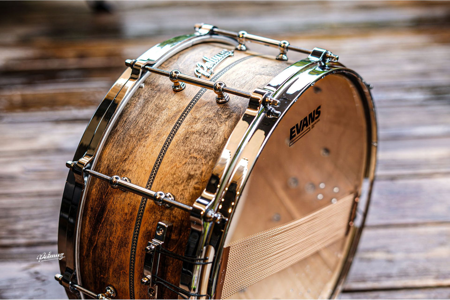 Polmuz model 1 Maple 14x6,5 Snare inlayed natural black aged - postarzany - Die cast