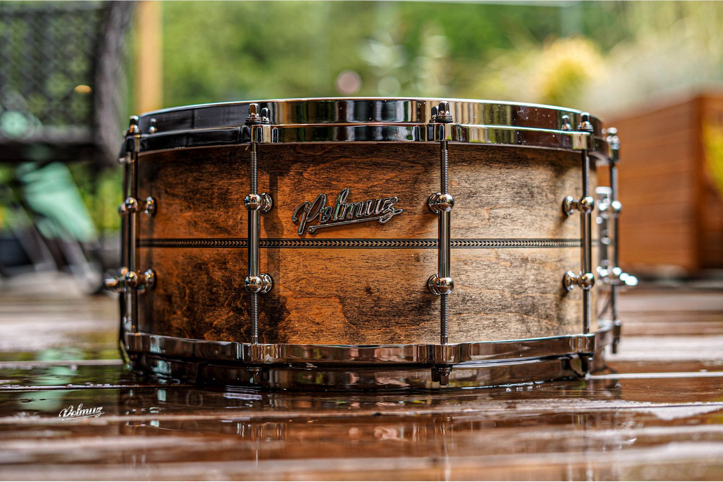 Polmuz model 1 Maple 14x6,5 Snare inlayed natural black aged - postarzany - Die cast