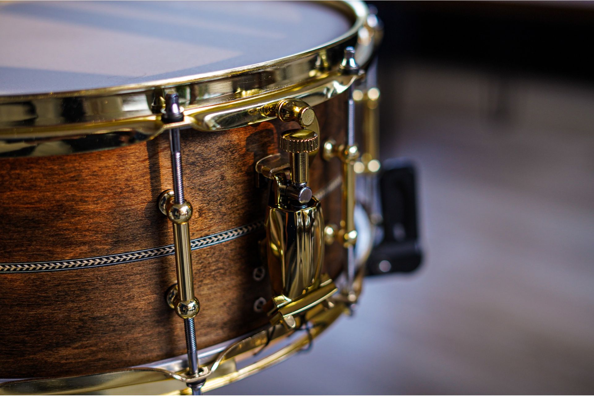 Polmuz model 1 Maple 14x6,5 Snare Inlayed satin brown w gold hardware PL — zdjęcie 11
