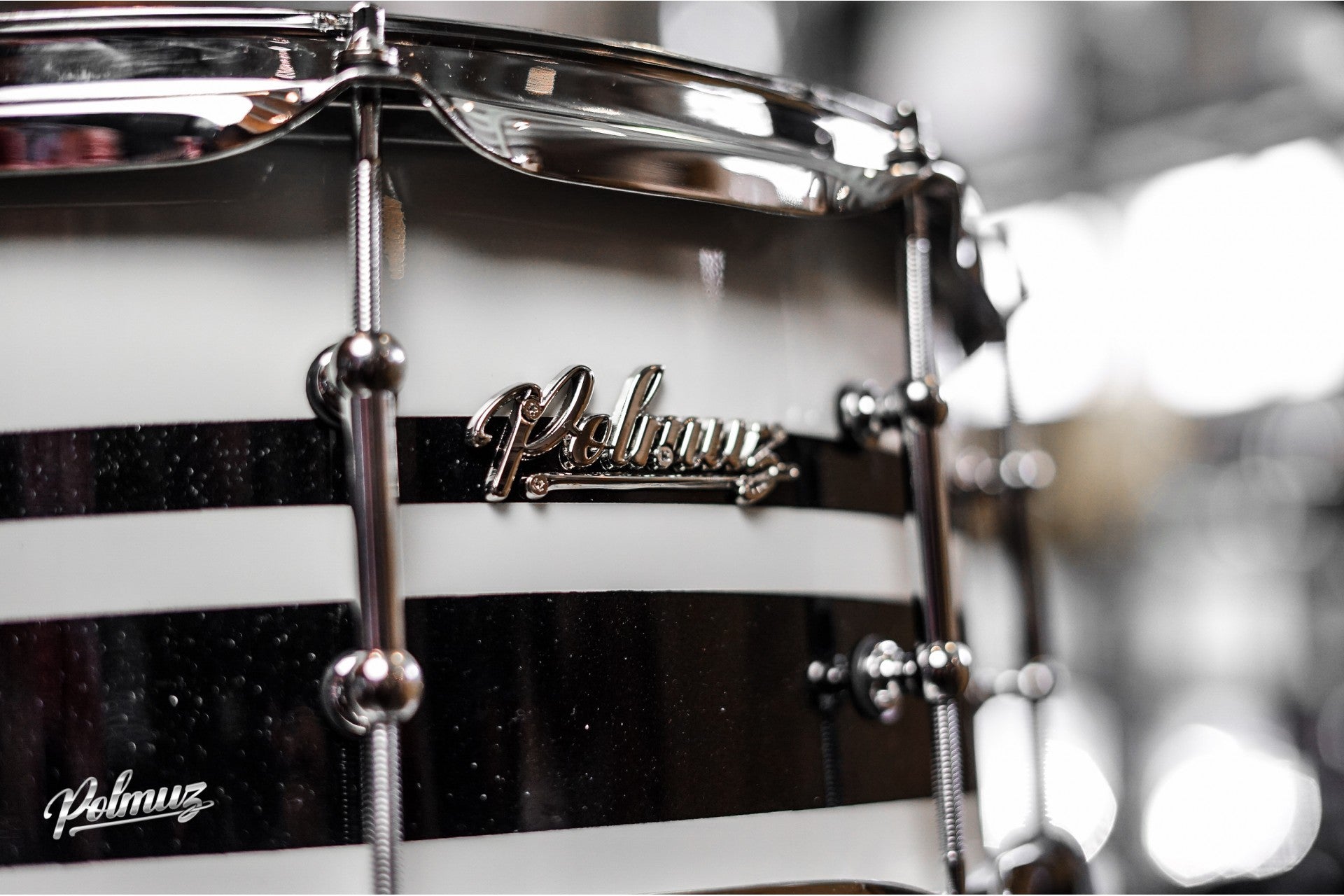 Polmuz Walnut Inlayed Snare 14x6.5 Gloss White/Double Black Sparklestripe (Big Flake-BOTOM) — zdjęcie 2