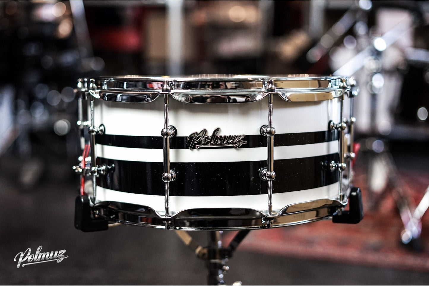 Polmuz Walnut Inlayed Snare 14x6.5 Gloss White/Double Black Sparklestripe (Big Flake-BOTOM)